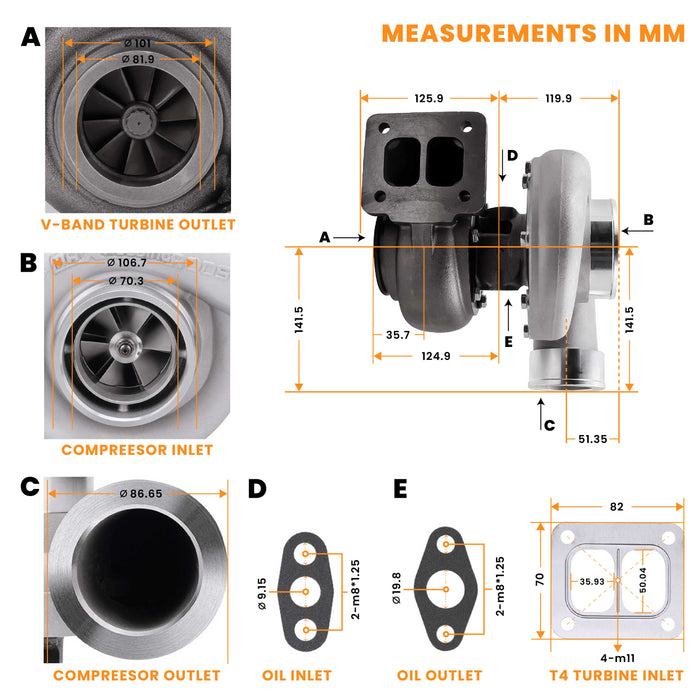 Universal Turbocharger T4 TWIN-SCROLL A/R .66 1.05 600+BHP Perfect for all 3.0L-6.0L engine